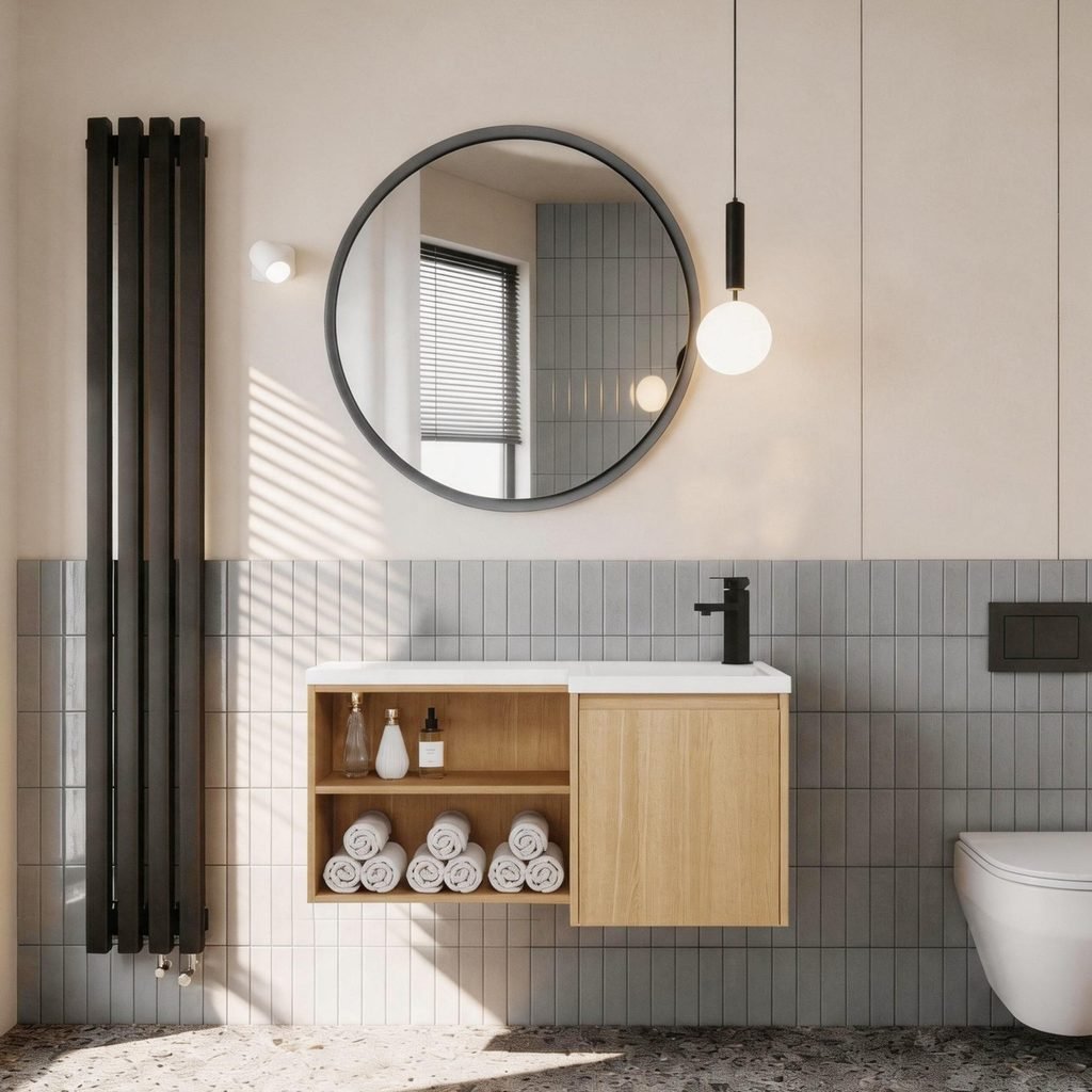 bathroom vanity with open shelves