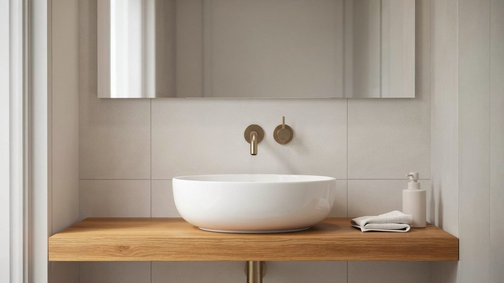 Floating oak vanity with a white vessel bowl sink in a modern bathroom
