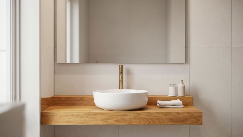 White vessel sink on a light quartz bathroom vanity countertop.