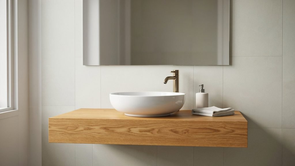 White vessel sink and faucet on a natural wood bathroom vanity