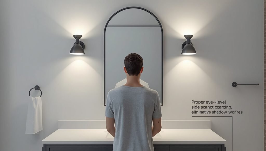 Proper eye-level side sconce placement eliminating facial shadows at a bathroom vanity.