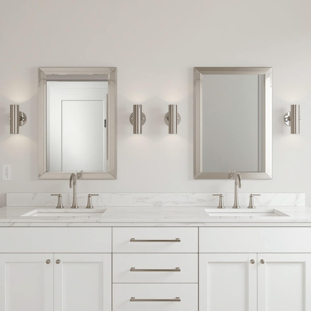 Double sink vanity with three brushed nickel sconces delivering balanced lumens for double vanity.