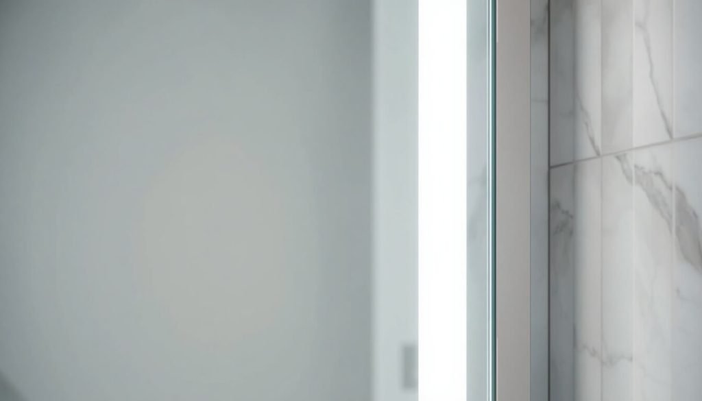 Four-bulb overhead bath bar fixture providing bright light output for bathroom mirror.
