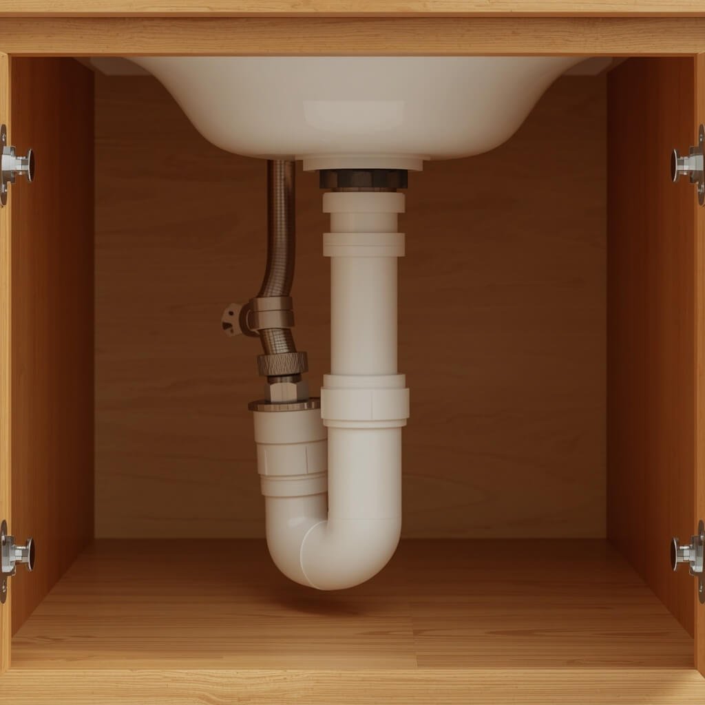 Bathroom sink P-trap connected to the wall drainpipe