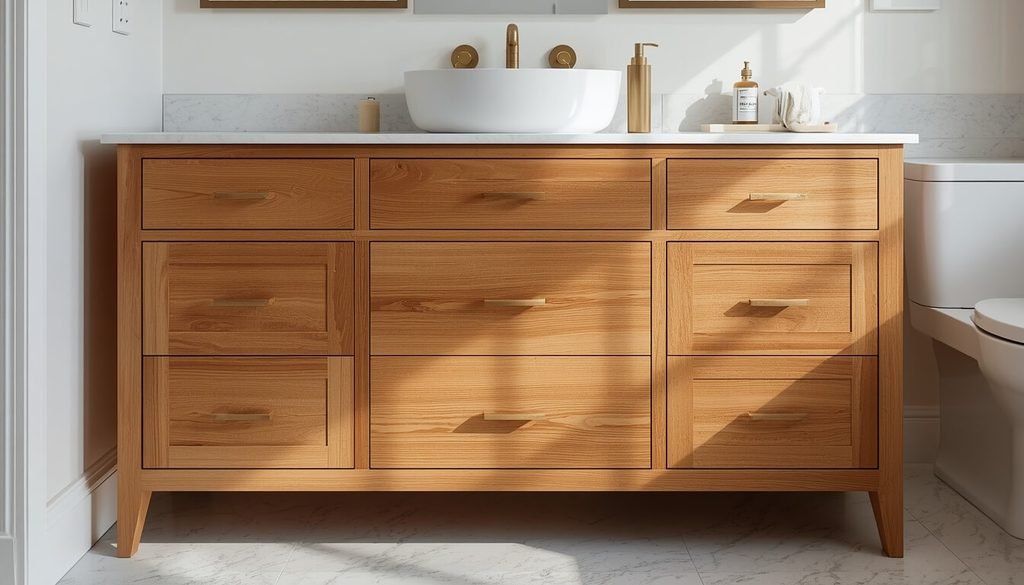 Custom solid oak bathroom vanity with handcrafted drawers and natural wood grain.
