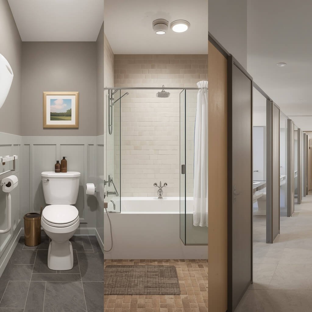 Visual comparison of a powder room, full bathroom, and public restroom