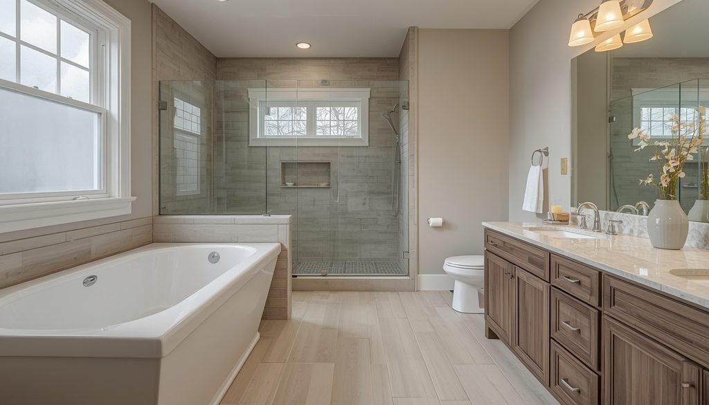 Full bathroom with a bathtub, walk-in shower, and vanity