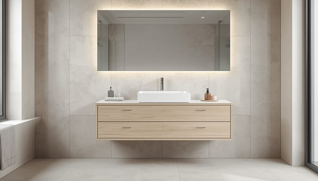 Floating single-sink bathroom vanity with light oak cabinetry and minimalist styling.