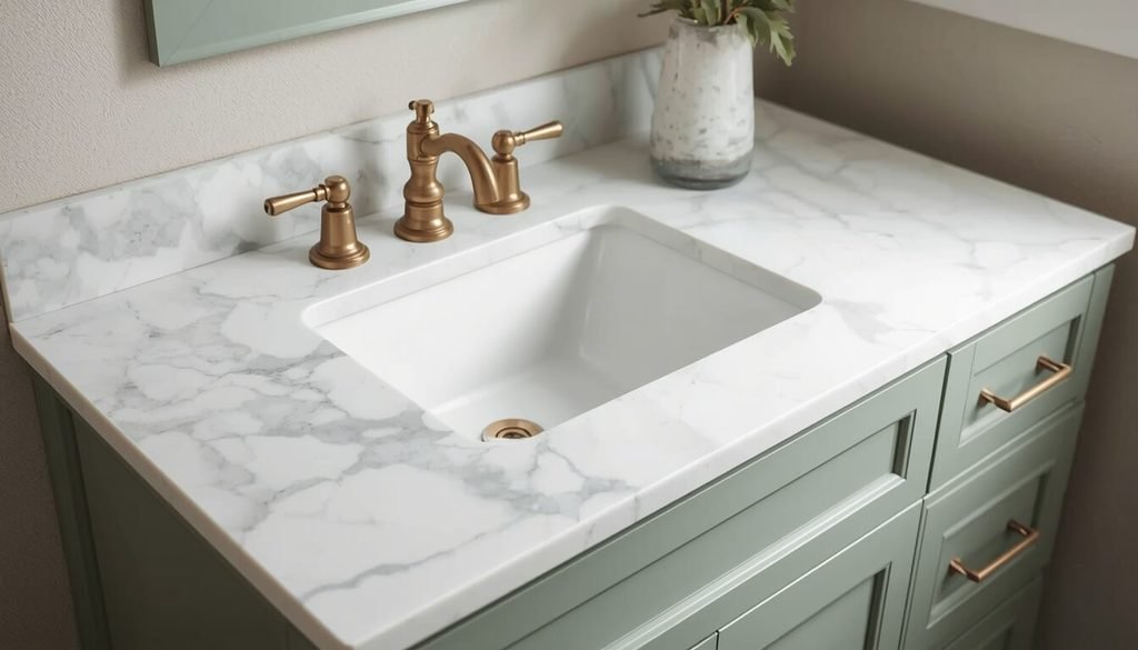 White quartz vanity top paired with a sage green bathroom cabinet.