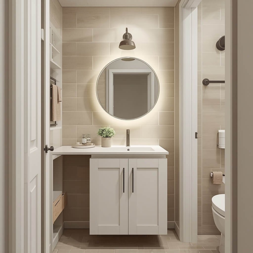 Compact single-sink vanity with white cabinetry and round mirror in a small bathroom.