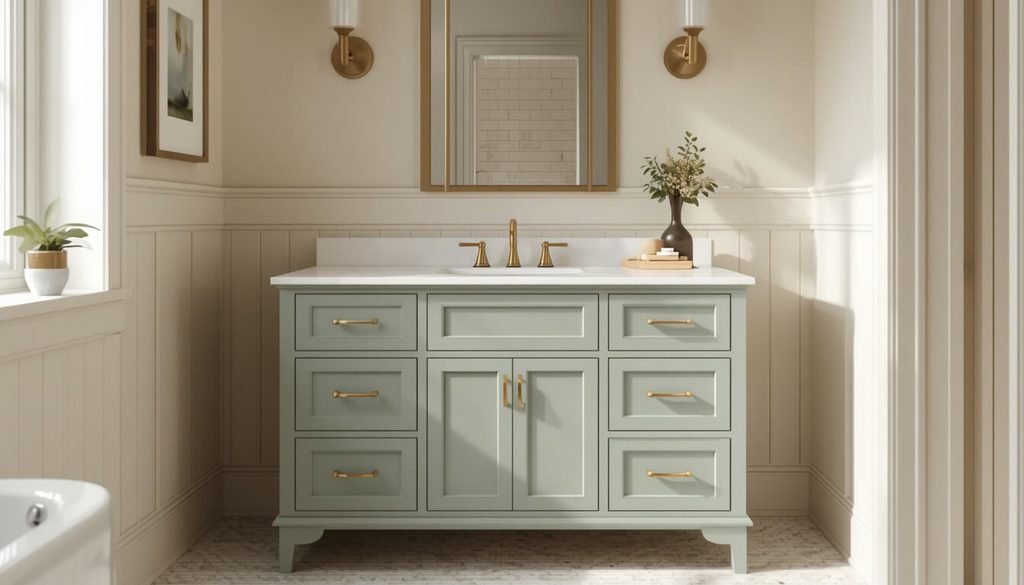 Sage green single-sink bathroom vanity with white countertop and brass hardware.