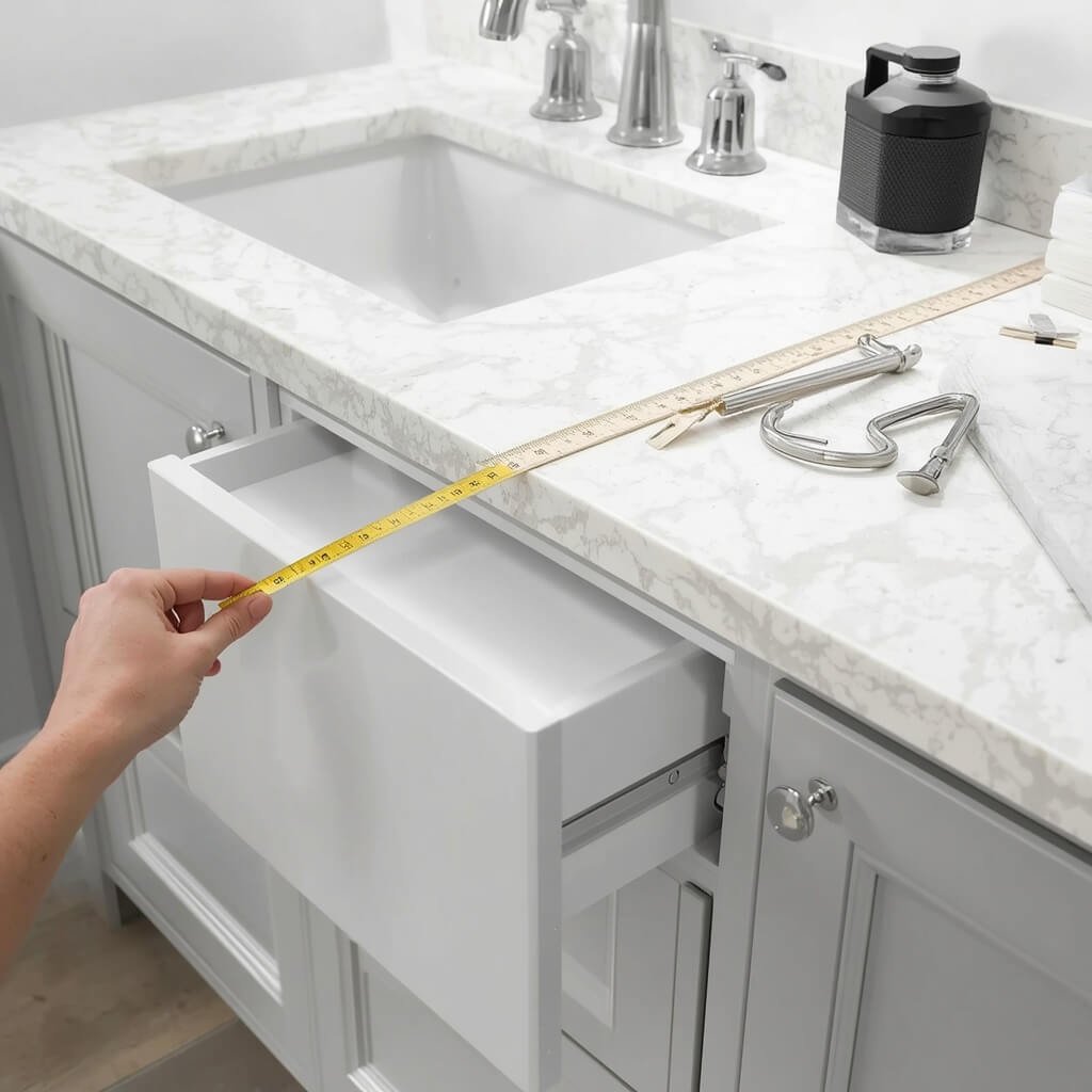 Measuring a bathroom vanity cabinet before installing a quartz countertop.