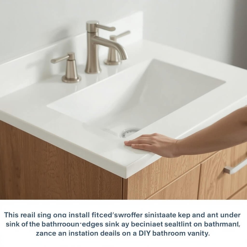 White countertop and undermount sink on a DIY bathroom vanity