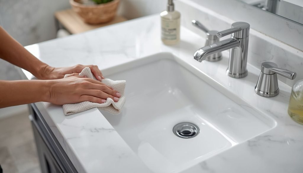 Cleaning a white quartz bathroom countertop with a microfiber cloth.