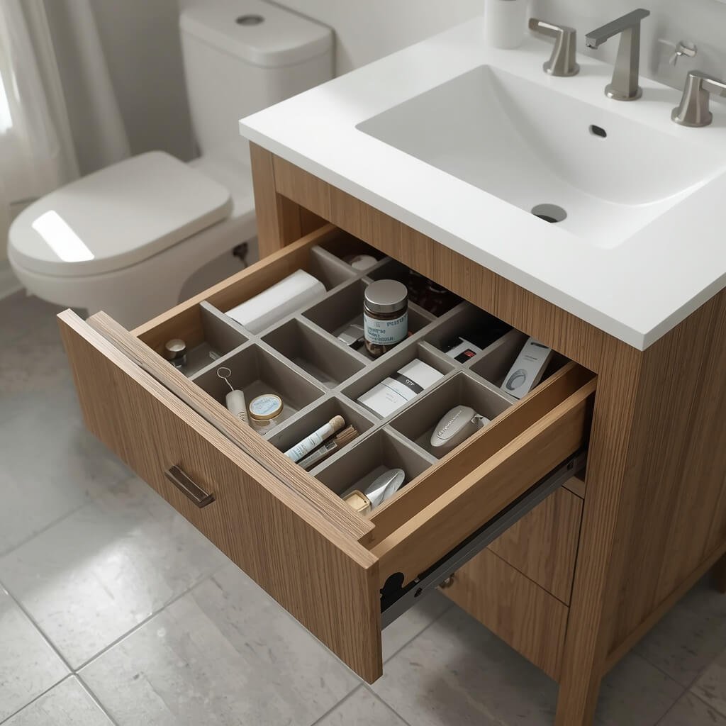 Deep bathroom vanity drawer with organized toiletries and storage compartments.