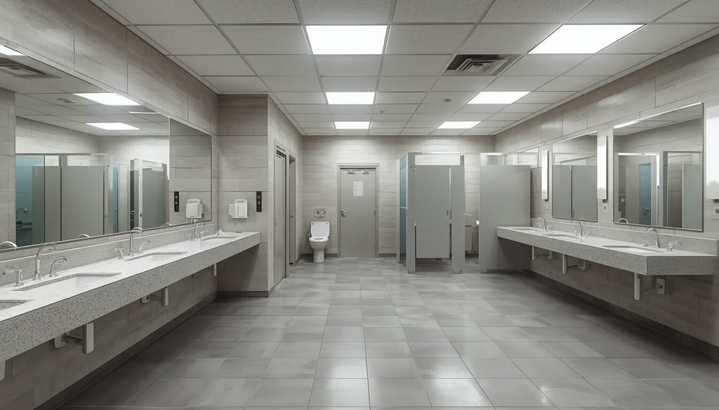Public restroom with shared sinks, mirrors, and private toilet stalls