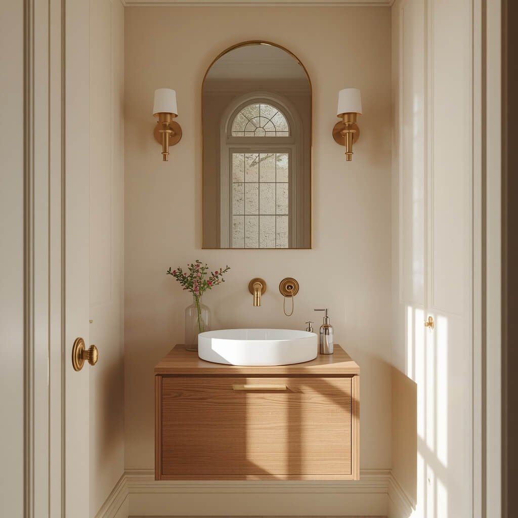 Small guest powder room with a compact vanity and toilet