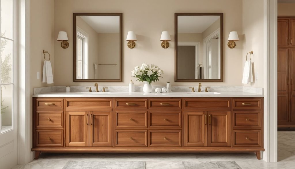 Solid walnut double-sink bathroom vanity with drawers and two sinks.