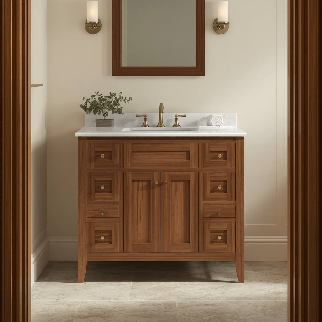Walnut single-sink bathroom vanity with white quartz countertop and brass faucet.