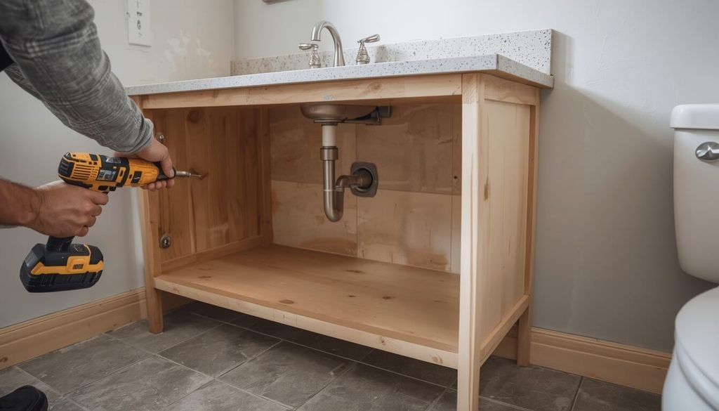 Detaching a bathroom vanity cabinet from wall screws