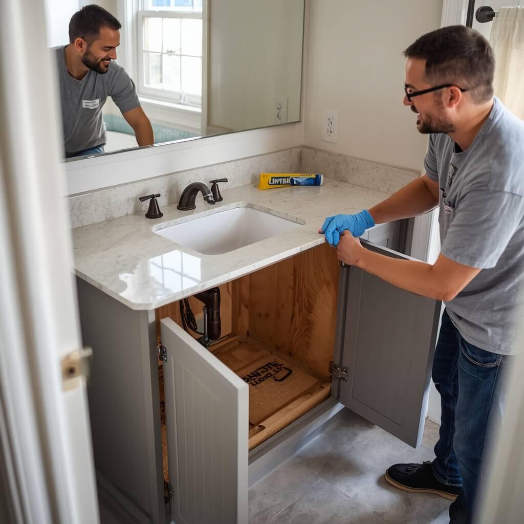 Carefully lifting a bathroom vanity countertop during removal