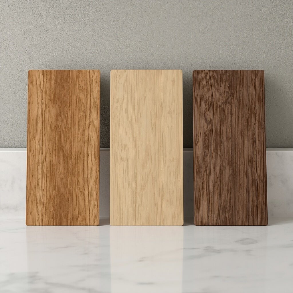 Oak, maple, and walnut wood samples for bathroom vanity cabinets.