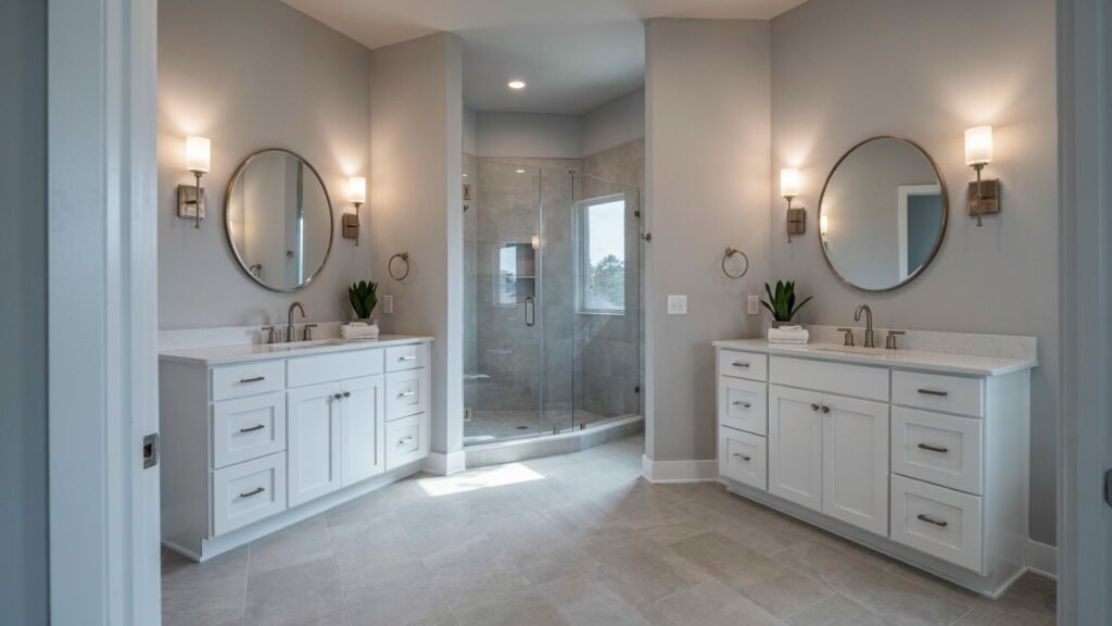 two separate vanities kitty corner