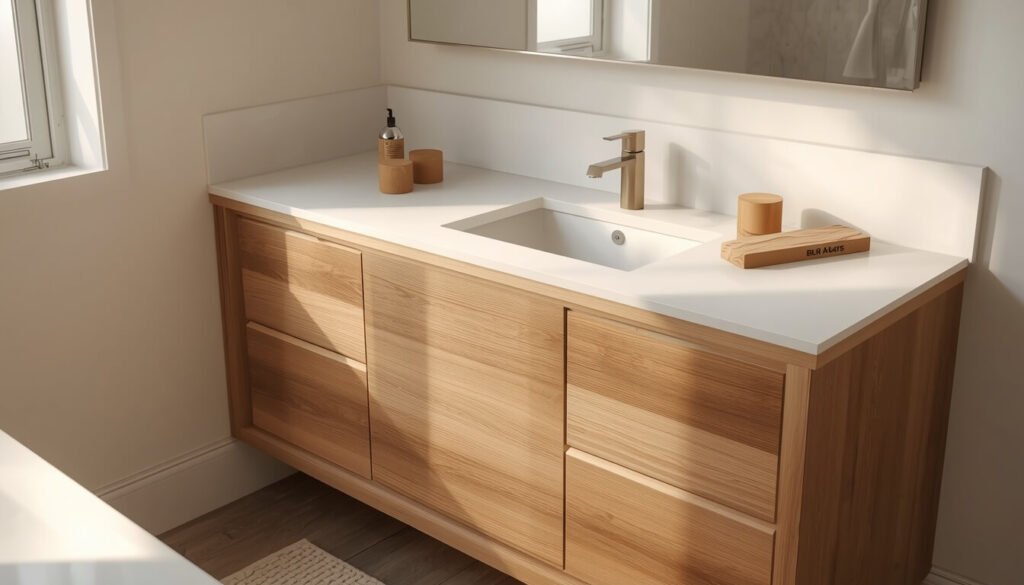 DIY bathroom vanity with oak cabinet and white countertop